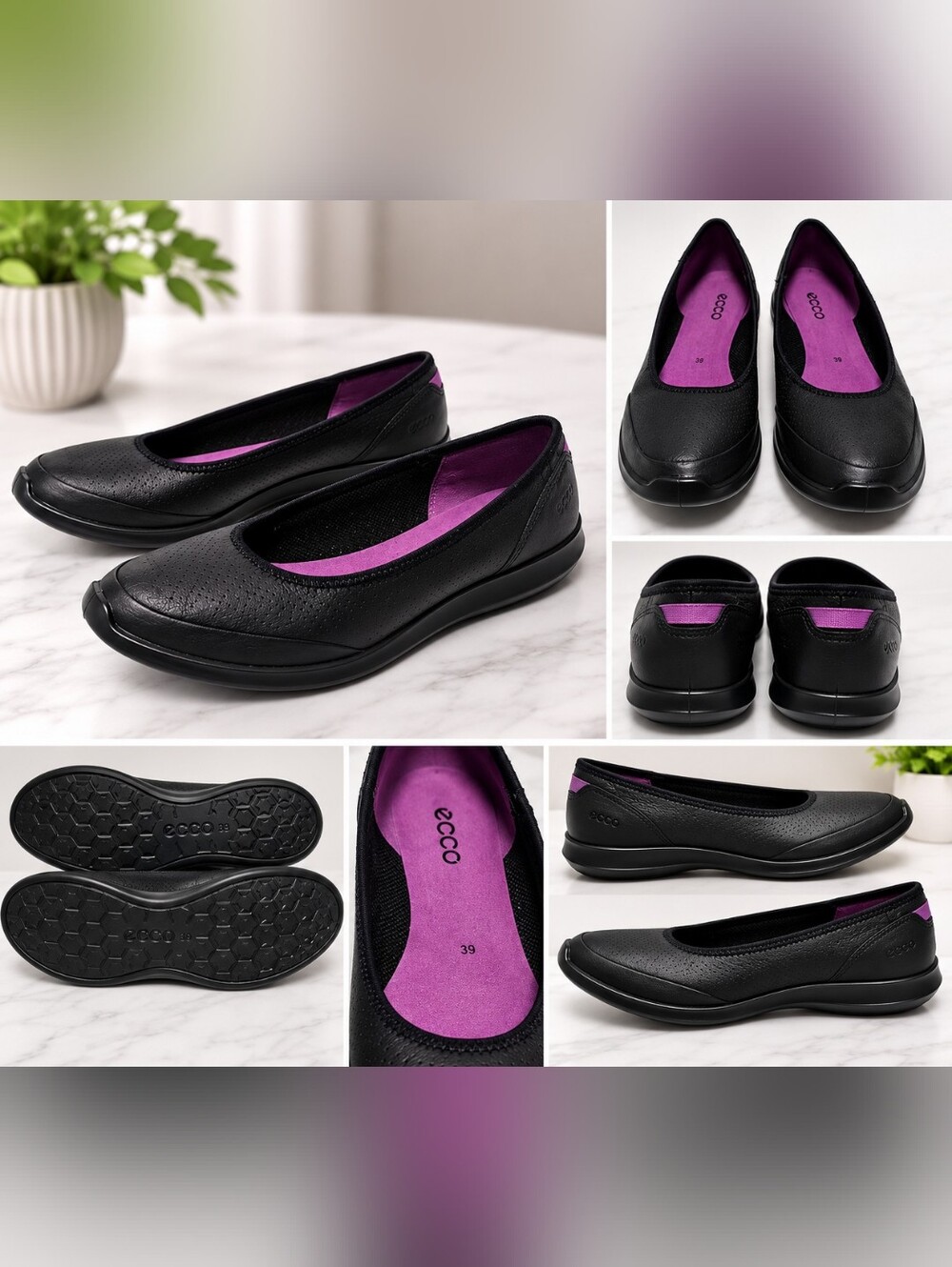 ECCO Sense Black Leather Ballet Flats Comfort Shoes EU 39 US 8-8.5